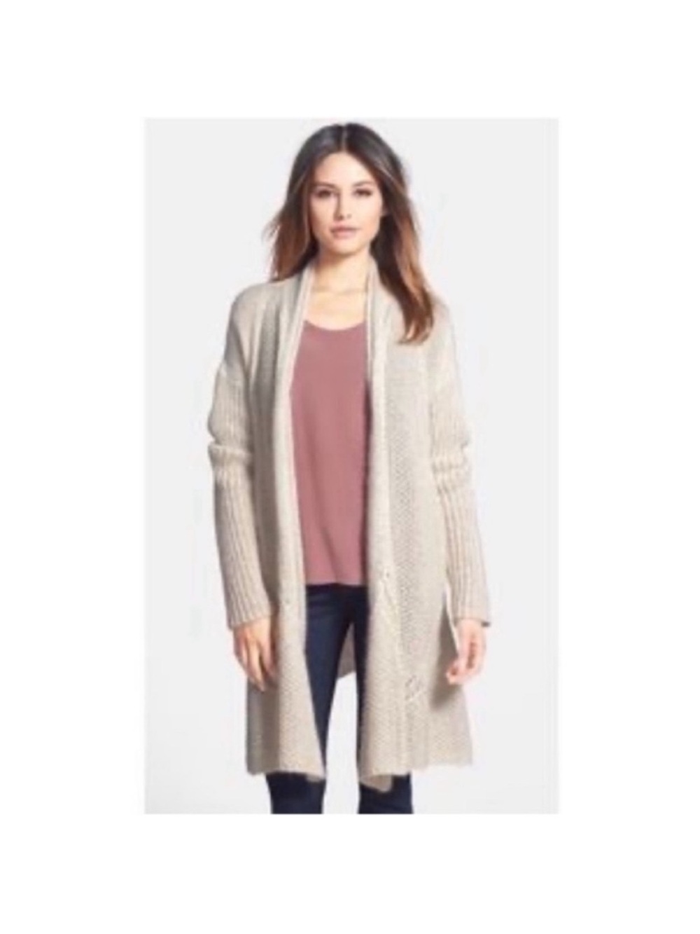 The Fisher Project Mohair Linen Open-Front Cream Knit Long Cardigan Sweater Sz S